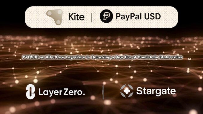 A promotional graphic featuring the logos of Kite and PayPal USD at the top, with LayerZero and Stargate branding at the bottom, overlaid on a glowing network/grid background. The image highlights the integration of PYUSD on Kite via LayerZero's omnichain stablecoin infrastructure, as detailed in the accompanying post about cross-chain stablecoin accessibility.