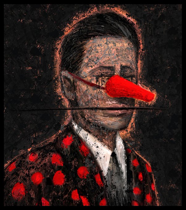 A dark, textured painting depicts a man in a suit and tie with striking red paint accents, including a prominent red shape across his eyes and red polka dots on his clothing, giving it an expressionist quality.