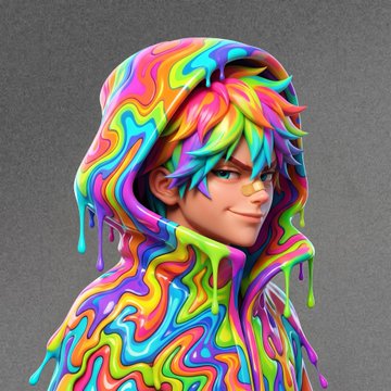 A 3D-rendered character wears a hoodie and has hair made of vibrant, swirling, multicolored paint that appears to drip down, evoking a "noctiX" or crypto-art aesthetic fitting the post's mention of a token allocation. The image's psychedelic, neon color palette visually represents the playful and bold branding typical of crypto community promotions like those for @BR4ted and @CrypSaf.