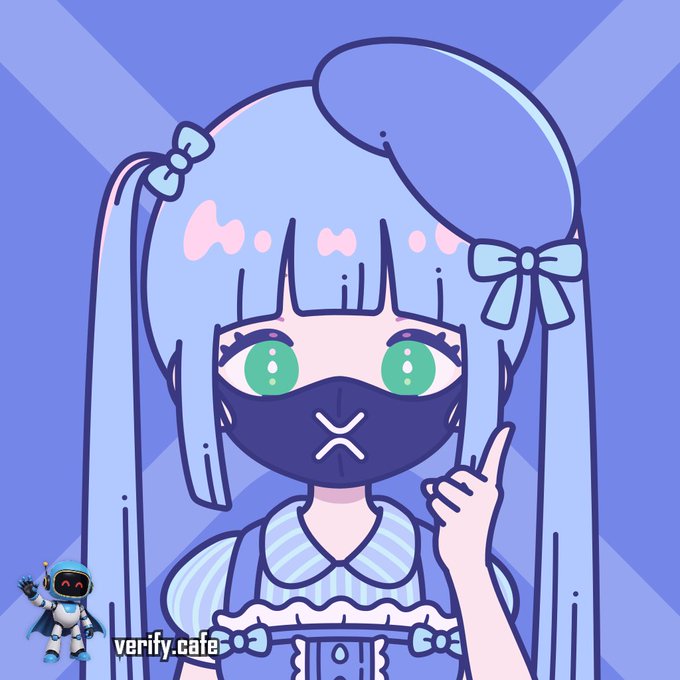 A cartoon-style digital illustration shows a pale blue-haired anime girl wearing a black cat-ear mask and striped dress, pointing upward, with a small robot mascot and the text 'verify.cafe' at the bottom against a blue background.