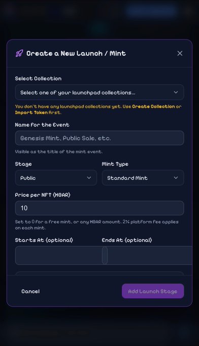 A purple interface window titled “Create a New Launch / Mint” with fields such as “Select Collection,” “Name For the Event,” “Mint Type,” “Price Per NFT (NGAR),” and an “Add Launch Stage” button.