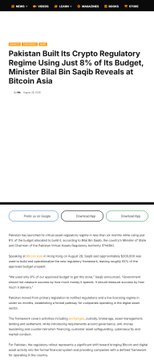 Mobile news article screenshot with headline: 'Pakistan to Built Its Crypto Regulatory Regime Using Just 8% of Its Budget, Minister Bilal Bin Saqib Reveals at Bitcoin Asia.'