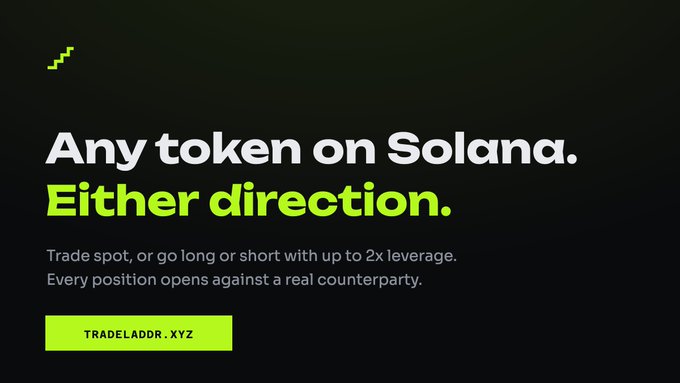 An advertisement for a Solana-based trading platform reading 'Any token on Solana. Either direction,' promoting spot trading or 2x leverage long/short positions at TRADELADDR.XYZ.