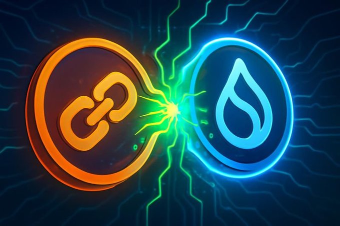 A digital illustration of two glowing circular symbols — an orange link icon and a blue water droplet — colliding with green electrical sparks between them against a circuit-board background.