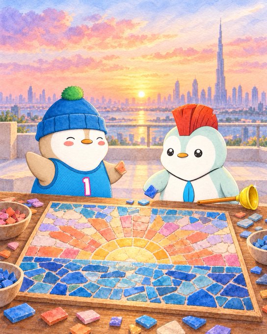 A pixel art style illustration of two round bird-like characters working on a sunset mosaic artwork, with a cityscape including the Burj Khalifa visible in the background.