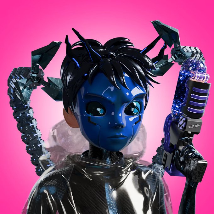 3D rendered character with a blue robotic face, black spiky hair, and mechanical arms, set against a bright pink background, with one arm labeled 'WE ARE GOING.'