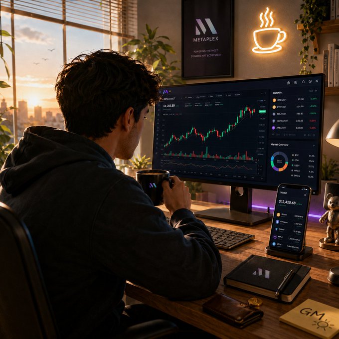 A person in a hoodie sits at a desk looking at a monitor displaying crypto trading charts for 'METAPLEX', with a glowing coffee cup neon sign and a phone showing a wallet balance of '$12,420.68'.