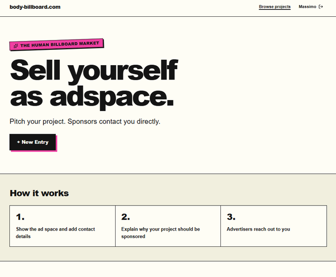Screenshot of the website body-billboard.com with the headline 'Sell yourself as adspace' and the tagline 'THE HUMAN BILLBOARD MARKET'.
