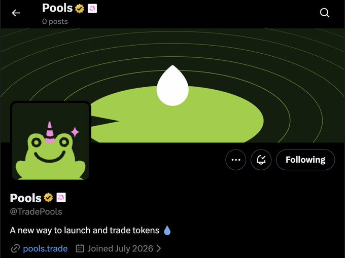 The image shows a social media profile page for "Pools" (@TradePools), featuring a green frog mascot with a pink horn and a green pond/lily pad banner, described as "A new way to launch and trade tokens." The accompanying post announces that the "$FRONG" token is launching on TradePools in 1 hour, connecting to the frog-themed branding shown in the profile image.