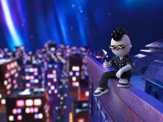 A 3D rendered character with spiky black hair wearing sunglasses and a patterned shirt sits on a rooftop ledge overlooking a neon-lit cityscape at night.