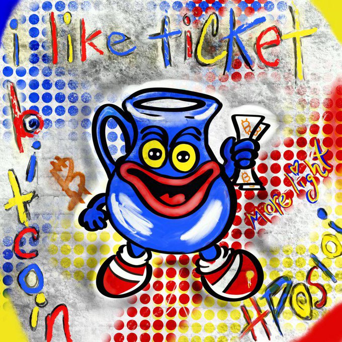 Colorful pop-art style graffiti featuring a blue smiling pitcher character holding a ticket, with text reading 'i like ticket', 'Bit coin', and 'more light for you'.