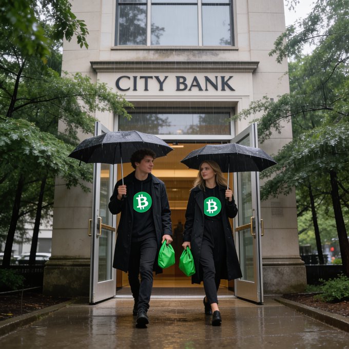 Two people in black coats with Bitcoin logos exit a 'CITY BANK' while holding green money bags and black umbrellas in the rain.