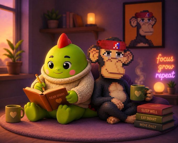 A 3D-rendered scene of a cute green creature in a sweater writing in a 'DEAR DIARY' book next to a pixelated chimpanzee wearing a red cap, accompanied by a neon sign reading 'focus grow repeat' and books labeled 'SLEEP WELL', 'EAT SMART', and 'MOVE DAILY'.