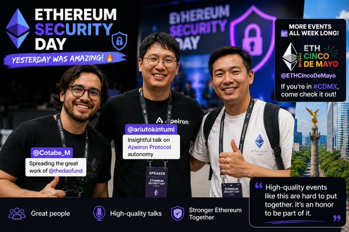 Ethereum Security Day promotional post featuring photos of three smiling attendees (@Cotabe_M and @aritokintumi) with text celebrating the event, promoting greater Ethereum togetherness, and teasing the upcoming #ETHCincoDeMayo event in Mexico City.