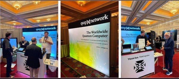 A three-panel image from a conference shows the Qunex Network booth displaying 'The Worldwide Quantum Computer' with representatives engaging with attendees.