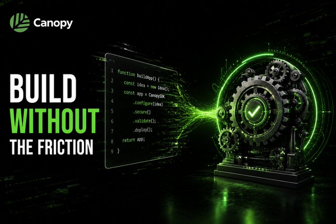 A promotional graphic for "Canopy" featuring the text "BUILD WITHOUT THE FRICTION" next to an image of a glowing green gear mechanism and a transparent panel showing JavaScript code.