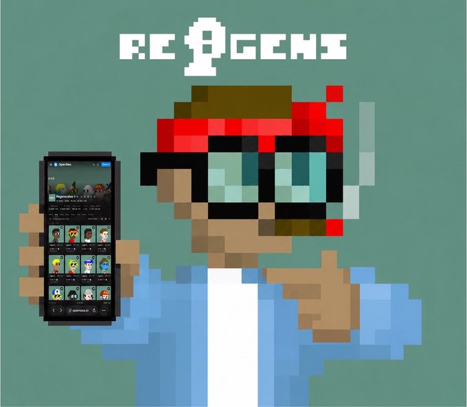 Pixel art character with sunglasses and a red bandana holding a smartphone showing the OpenSea app, with pixelated text reading 'RE OGENS' above against a teal background.