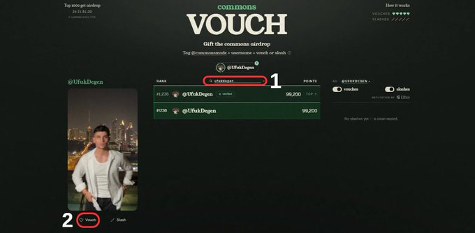 A screenshot of a 'commons' airdrop page showing user 'UfuKDejen' ranked #1 with 99,200 points, with the username and 'Vouch' button highlighted in red.