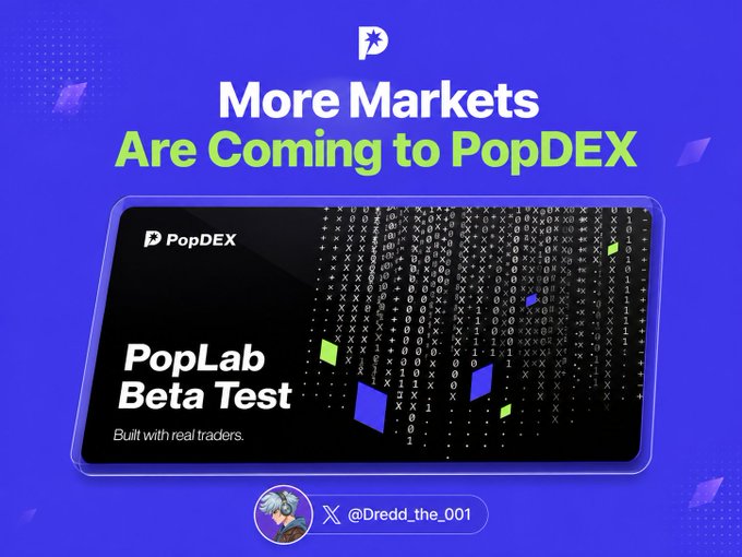 A promotional image with a blue and green color scheme stating 'More Markets Are Coming to PopDEX', showcasing a 'PopLab Beta Test' card with binary code graphics and an X handle '@Dredd_the_001'.