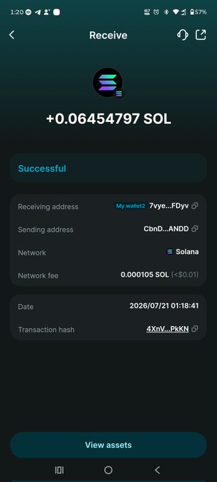 A cryptocurrency wallet 'Receive' screen showing a successful transaction of '+0.06454797 SOL' on the Solana network, dated 2026/07/21.