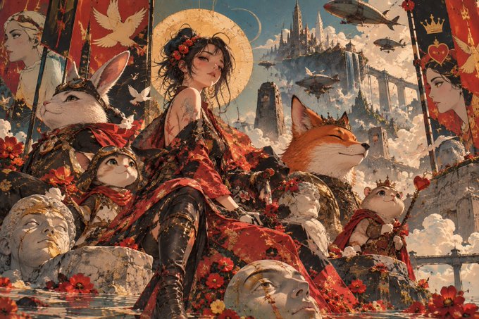 An elaborate fantasy illustration featuring a woman with a halo surrounded by anthropomorphic animals wearing royal garments, classical statues, red flowers, and an ornate kingdom in the background.
