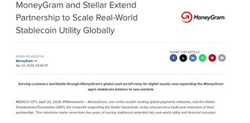 A news article screenshot titled 'MoneyGram and Stellar Extend Partnership to Scale Real-World Stablecoin Utility Globally,' dated April 23, 2024.