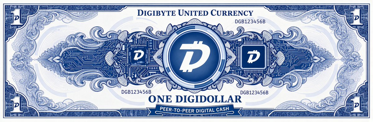 A stylized 'Digibyte United Currency' banknote for 'One DigiDollar' labeled 'Peer-to-Peer Digital Cash,' featuring intricate blue circuit board patterns and multiple DigiByte 'D' logos.