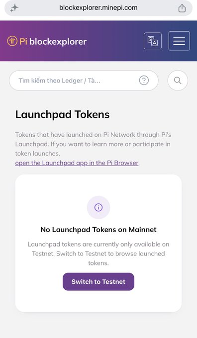 A screenshot of the Pi BlockExplorer website (blockexplorer.minepi.com) showing a new "Launchpad Tokens" section on Mainnet, which currently displays a message stating "No Launchpad Tokens on Mainnet" and notes that launchpad tokens are only available on Testnet, with a "Switch to Testnet" button available.