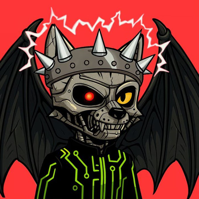 A stylized digital illustration of a robotic, demonic character with a spiked helmet, bat wings, one glowing red eye, one yellow eye, and a cyber-themed jacket, set against a red background.