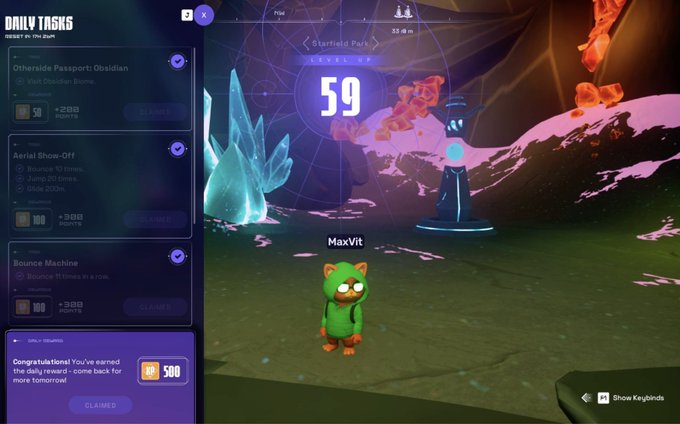 A video game screenshot showing 'DAILY TASKS' with claimed rewards of 500 tokens, featuring a green cat-like character 'MaxVit' in a level 59 area.