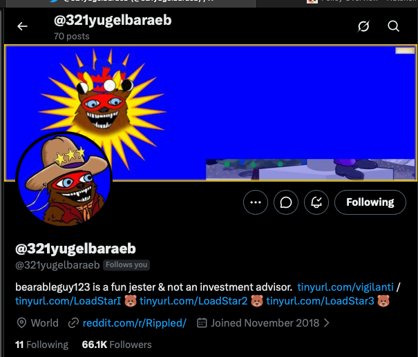 The image shows a Twitter profile for @321yugelbaraeb, featuring a cartoon character in a cowboy hat with stars and a grinning mask against a blue background. The bio describes the user as "bearableguy123 is a fun jester & not an investment advisor" with links to various sites, and the profile shows 66.1K followers, joining November 2018.
