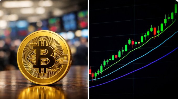 A golden Bitcoin token rests in front of blurred trading screens on the left, paired with a rising candlestick chart featuring green and red bars above curved moving averages on the right, visually symbolizing the $75.7M in spot Bitcoin ETF inflows and the question of whether institutional demand is truly returning or just a short-term bounce.