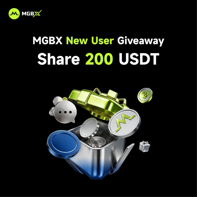 MGBX New User Giveaway promotional graphic offering to share 200 USDT, featuring a 3D illustration of a green and blue object with coins and a chat bubble.