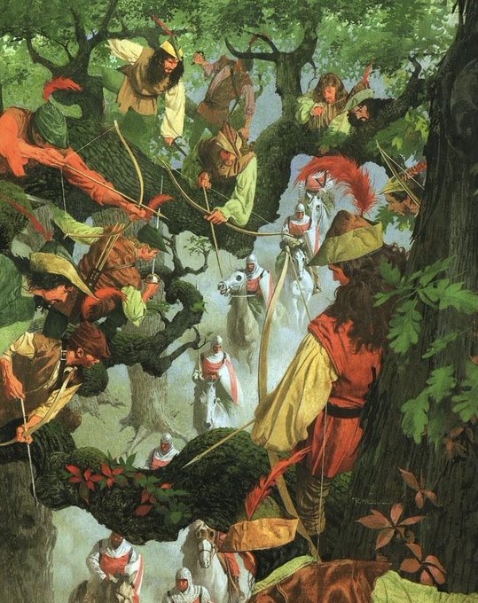 The illustration depicts medieval archers hidden in the trees, ambushing a procession of knights on horseback passing through a forest. The image relates to the post as a metaphor for a hidden, coordinated ambush—likening Vlad's strategic liquidity moves to archers lying in wait, ready to strike and trigger cascading market events as their unsuspecting targets ride into the trap.