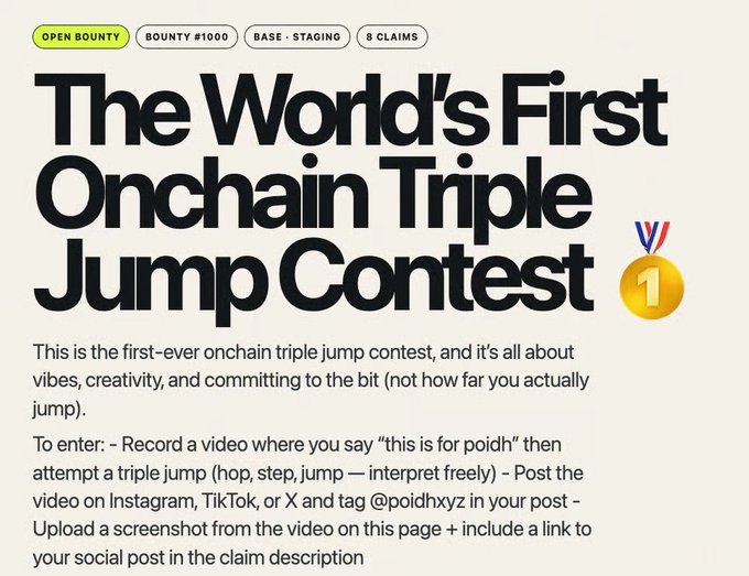 A promotional page for 'The World's First Onchain Triple Jump Contest' (#1000) with a gold medal icon, instructing participants to record a video saying 'this is for poidh' and post it on social media.