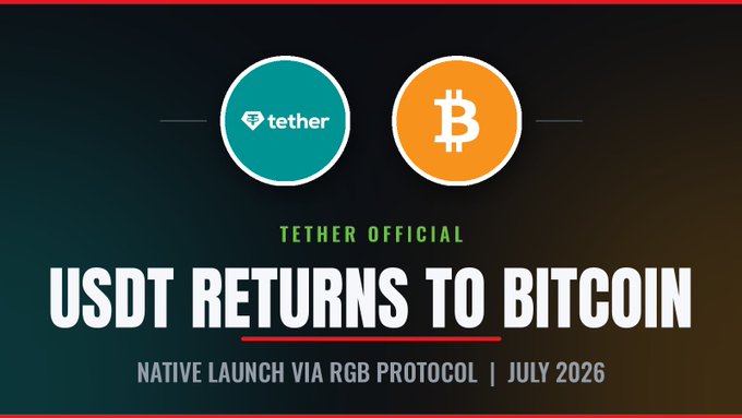 A promotional announcement reading 'TETHER OFFICIAL: USDT RETURNS TO BITCOIN - Native Launch via RGB Protocol | July 2026', featuring Tether and Bitcoin logos.