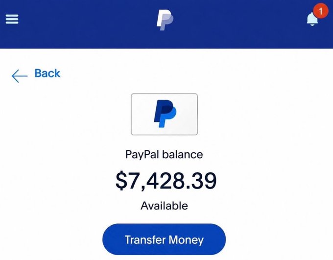The image shows a PayPal account screen displaying a PayPal balance of $7,428.39 available, with options to transfer money. The accompanying post claims $2,000 will be given to a follower, though this appears to be a giveaway scam, as the PayPal balance shown is not tied to any verified giveaway promotion from PayPal itself.