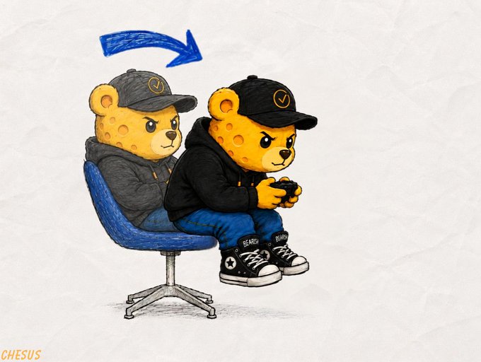 A digital illustration by CHESUS showing two yellow bear-like characters wearing caps and hoodies, with an arrow pointing from the seated figure to the standing one who is holding a controller.