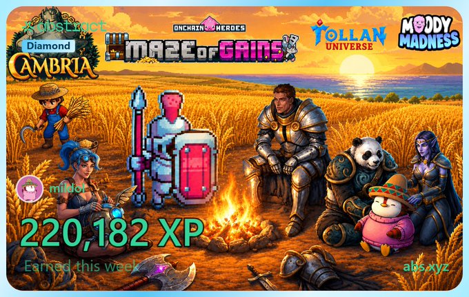 A digital graphic displays '220,182 XP Earned this week' alongside game logos for 'Diamond Cambria', 'Maze of Gains', 'Yollan Universe', and 'Moody Madness', with various game characters in the background.