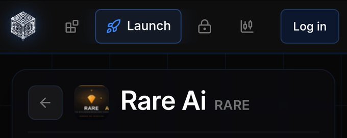 A screenshot of a digital interface showing a navigation menu with 'Launch' selected and a featured project named 'Rare Ai' with the ticker 'RARE'.