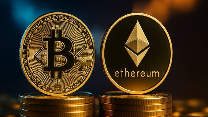 A 3D render of two gold coins representing cryptocurrencies: a Bitcoin coin on the left with its 'B' logo and an Ethereum coin on the right with its diamond logo and 'ethereum' text.