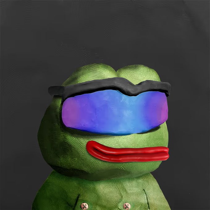 A 3D rendering of a green frog character wearing reflective purple-blue ski goggles and a bright red lip-like mouth element.