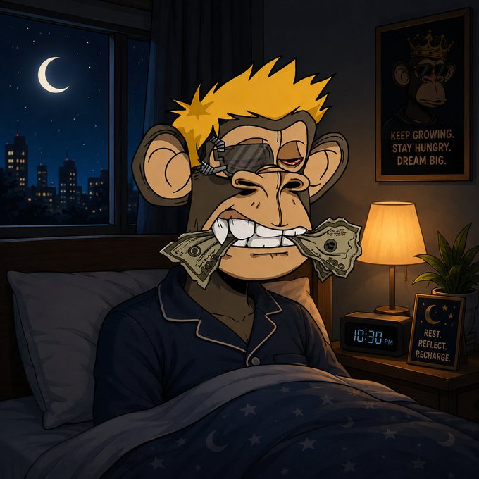 An AI-generated cartoon illustration of a monkey wearing pajamas and an eyepatch lying in bed at night with money in its mouth, accompanied by wall art reading "KEEP GROWING. STAY HUNGRY. DREAM BIG." and a nightstand sign stating "REST. REFLECT. RECHARGE."