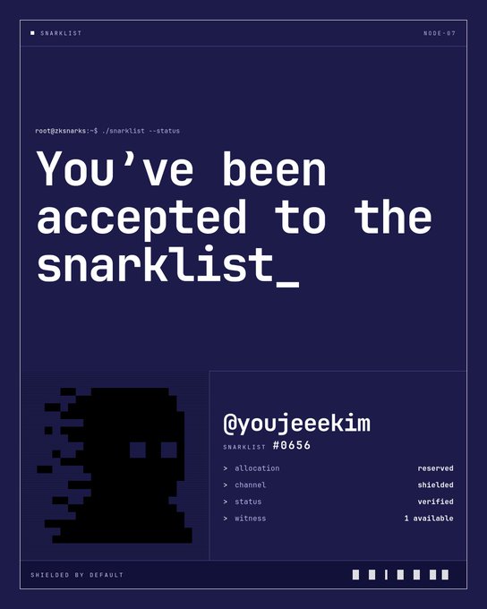 A dark blue digital poster announces 'You've been accepted to the snarklist_' for user '@youjeeekim' (snarklist #0656) at root@ksmarks:~$ ./snarklist --status, showing a pixelated avatar and details like 'reserved', 'shielded', and 'verified'.
