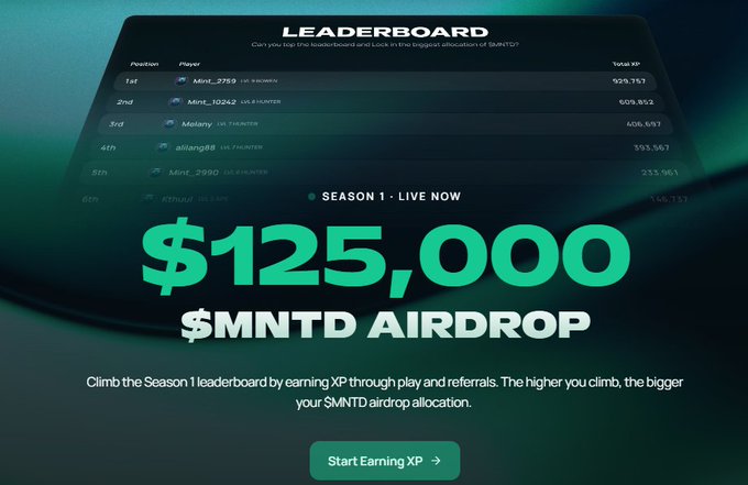 A promotional banner for a '$125,000 $MNTD AIRDROP' with text 'Climb the Season 1 leaderboard by earning XP' and a button reading 'Start Earning XP', over a dark green leaderboard background.