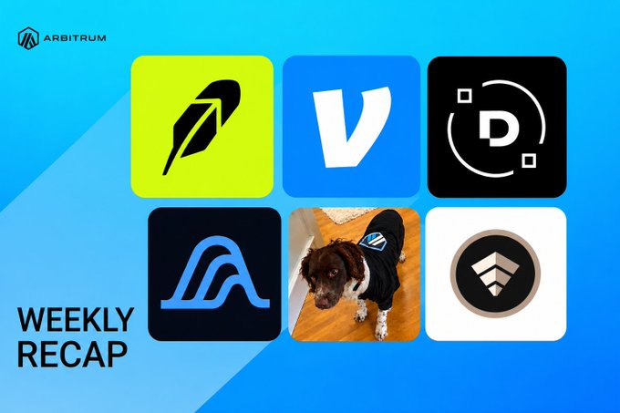 A 'WEEKLY RECAP' graphic from Arbitrum displaying six colorful app/dapp icons including a quill, a 'V', a 'D', a blue 'A' logo, a dog in an Arbitrum hoodie, and a stack icon on a blue background.