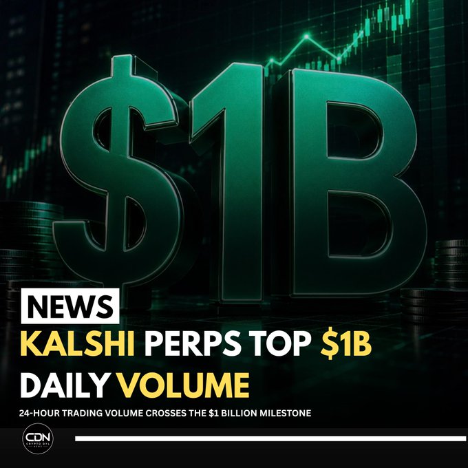 A news graphic with a green chart background displays large 3D '$1B' text with the headline 'NEWS: KALSHI PERPS TOP $1B DAILY VOLUME — 24-HOUR TRADING VOLUME CROSSES THE $1 BILLION MILESTONE,' branded with CDN (Crypto Daily News) logo.
