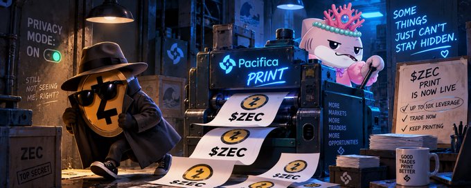 A digital illustration in a cyberpunk style features an anthropomorphic ZEC coin character in a trench coat and fedora next to a 'Pacifica PRINT' machine producing $ZEC bills, with text noting 'Privacy Mode: ON' and '$ZEC PRINT IS NOW LIVE'.