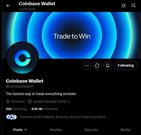 A Coinbase Wallet X/Twitter profile page displays a blue "Trade to Win" banner header and shows the account has 439.3K followers, joined October 2016, with the bio "The fastest way to trade everything onchain." The image relates to the post by showing the rebranded @coinbasewallet account that @baseapp was changed into.