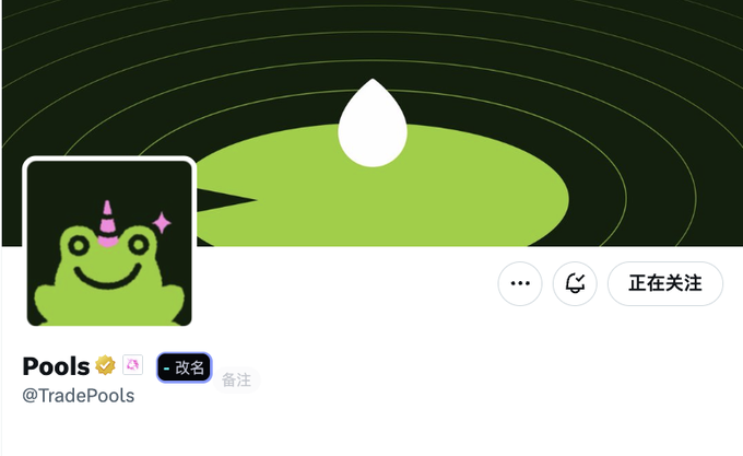 The image shows a social media profile for "Pools" (@TradePools) featuring a green frog with a pink party hat and sparkles as the avatar, set against a matching green frog-themed background. The post discusses the platform's updated branding possibly signaling an official endorsement of the $FRONG token, referencing a 15-minute wave trade and noting the platform's delayed opening.